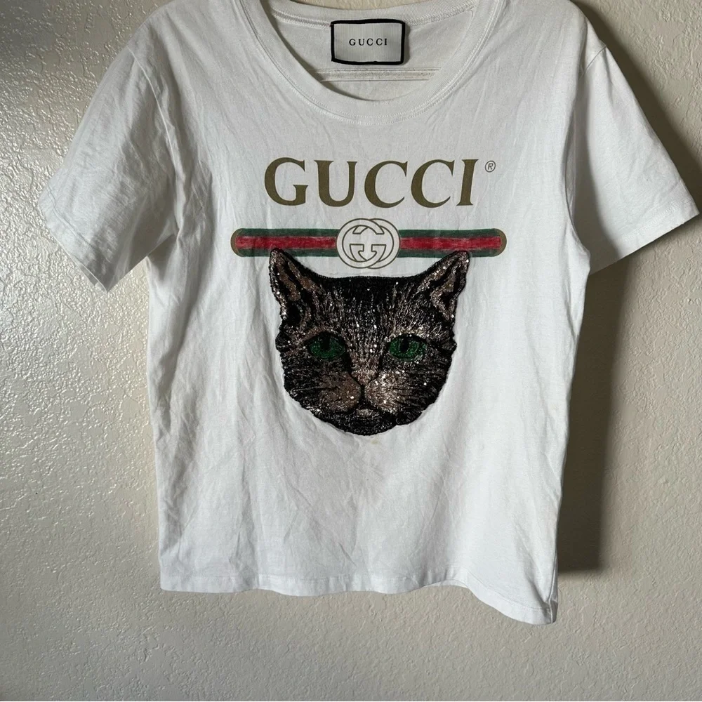 Authentic Gucci LOGO T-SHIRT WITH MYSTIC CAT IN WHITE size XS - Picture 5 of 10